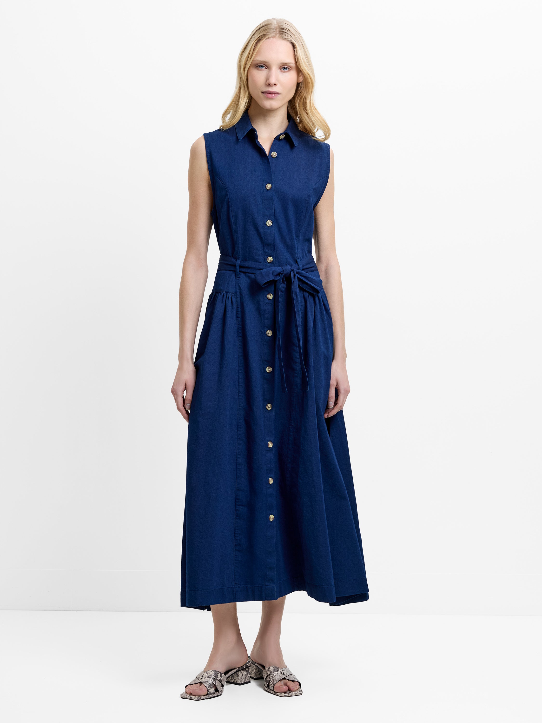 Zaves Chambray Denim Belted Midi Dress