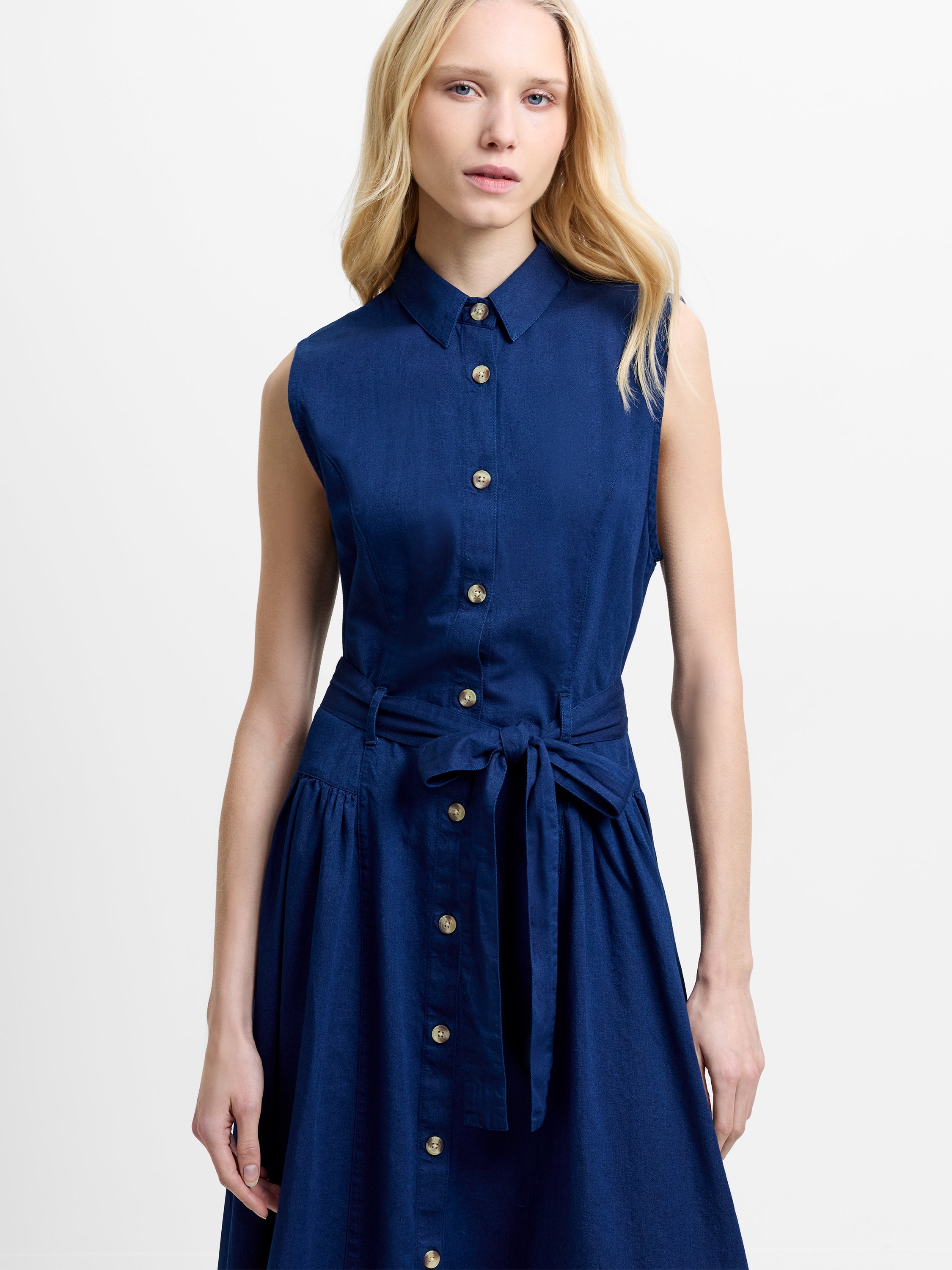 Zaves Chambray Denim Belted Midi Dress