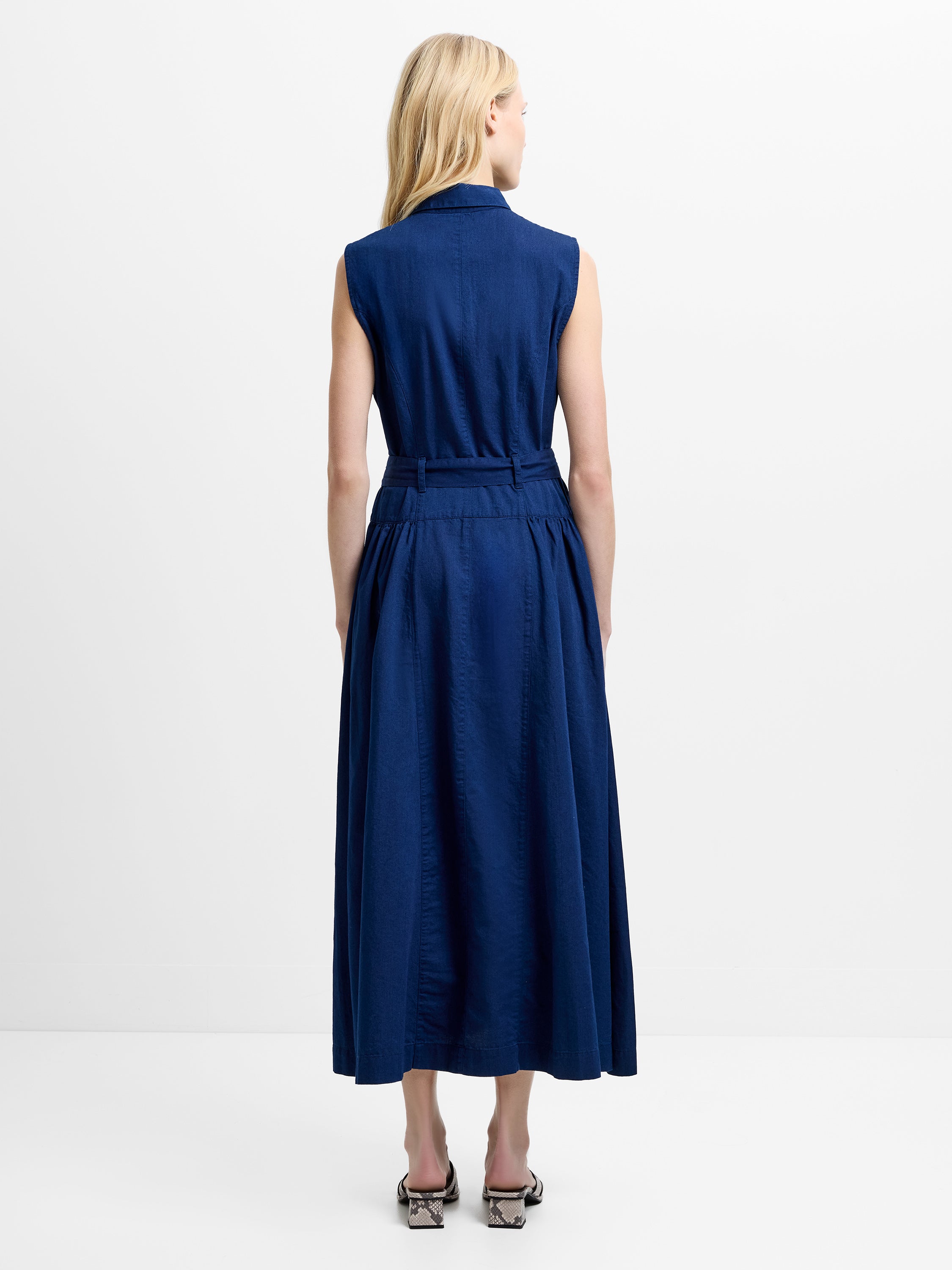Zaves Chambray Denim Belted Midi Dress