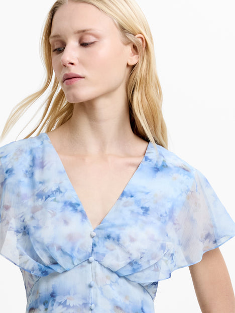 Daisy Flutter Sleeve Blue Floral Midi Dress