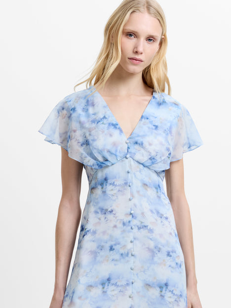 Daisy Flutter Sleeve Blue Floral Midi Dress