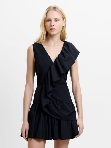 Era Poplin Asymmetric Frill Black Mini Dress