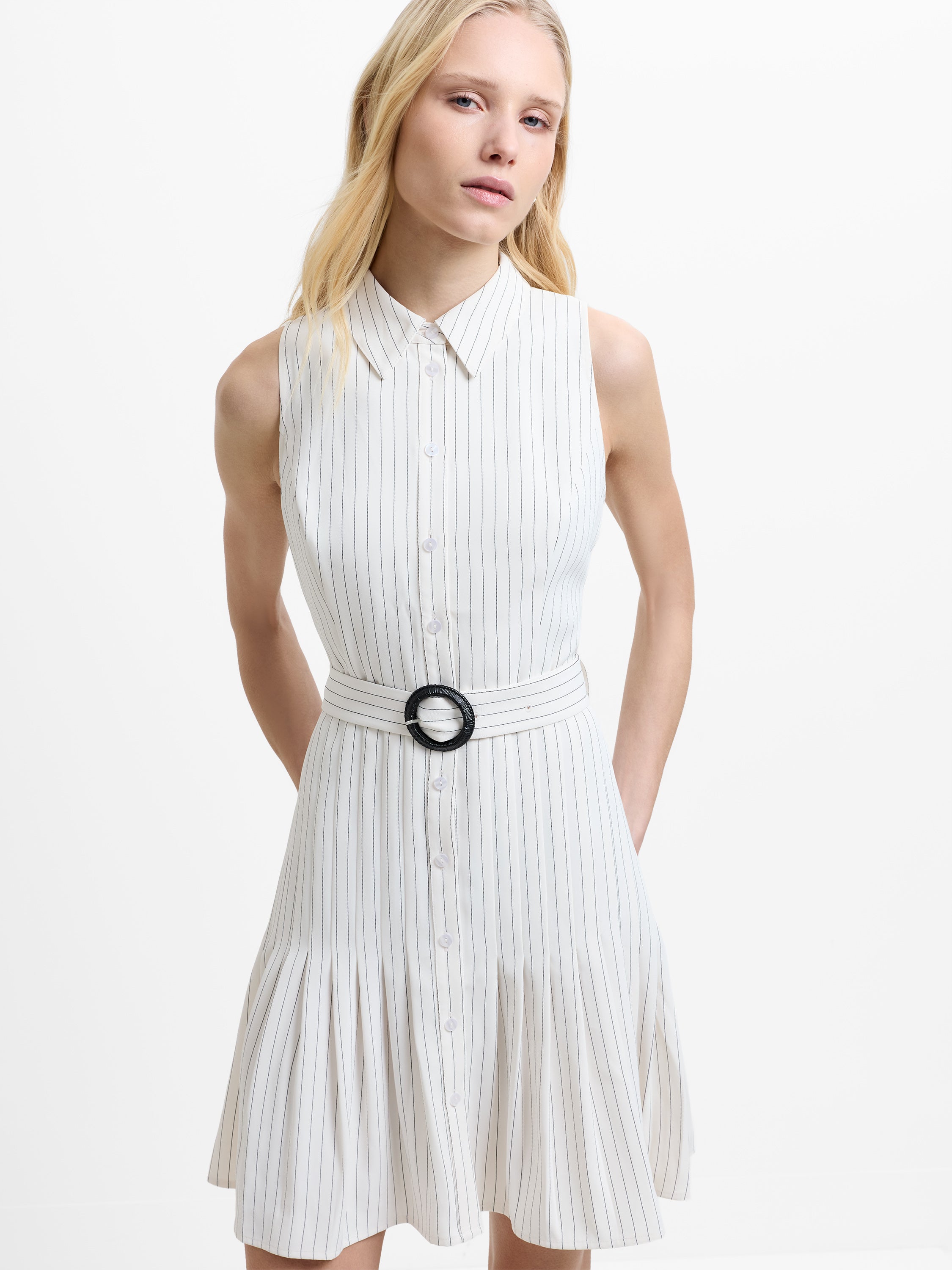 Vinnie Pinstripe Belted Cream Mini Shirt Dress