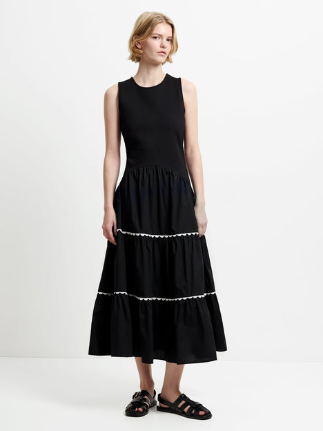 Kaylie Mix Tiered Ric Rac Monochrome Midi Dress