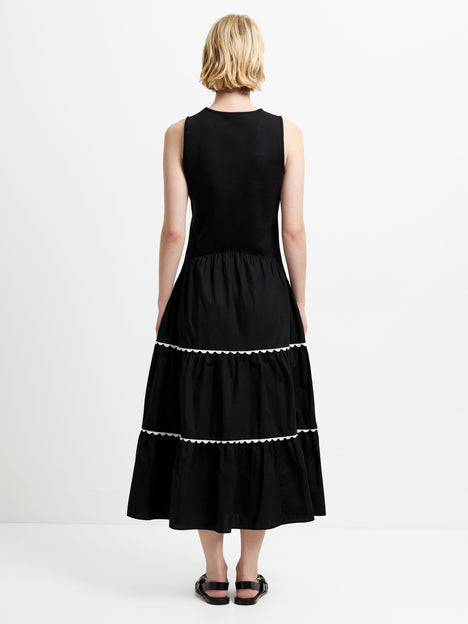 Kaylie Mix Tiered Ric Rac Monochrome Midi Dress