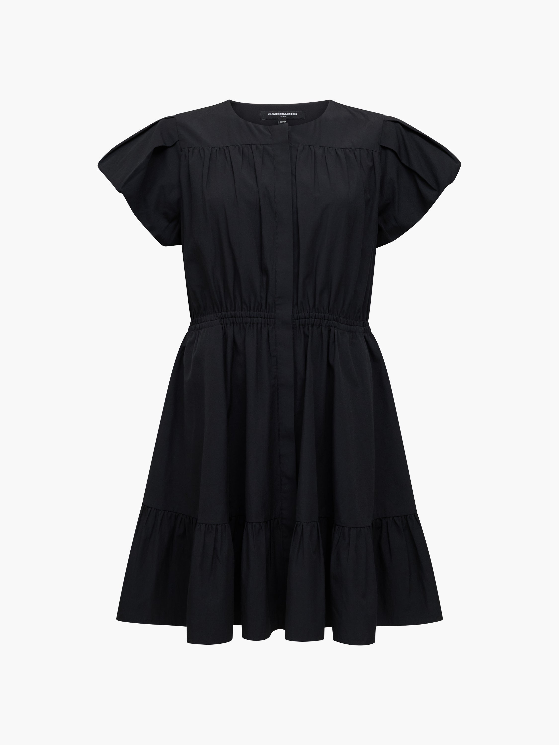 Era Poplin Flutter Sleeve Tiered Black Mini Dress
