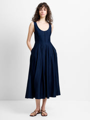 Cotton Sateen Scoop Neck Navy Fit-and-Flare Midi Dress