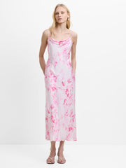 Oona Satin Cowl Neck Pink Floral Midi Dress