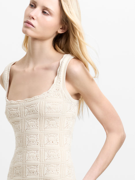 Nellis Square Neck Cream Crochet Knit Midi Dress