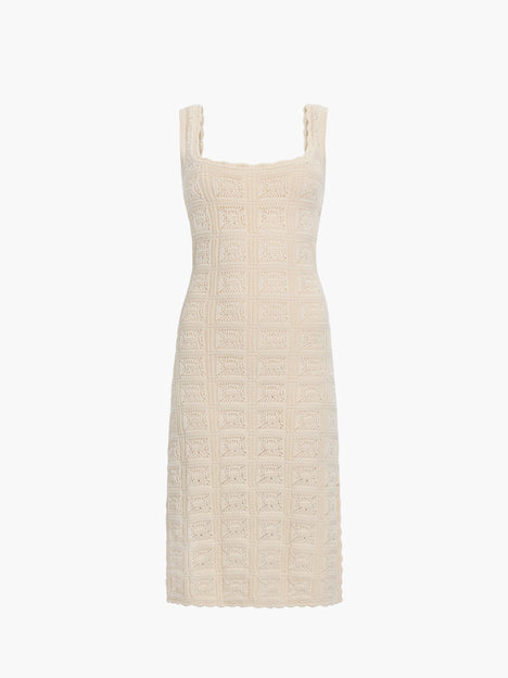 Nellis Square Neck Cream Crochet Knit Midi Dress