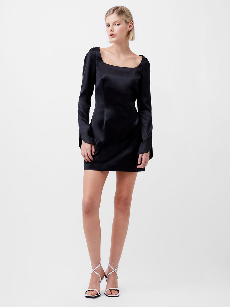 Structured Satin Long Sleeve Scoop Neck Mini Dress