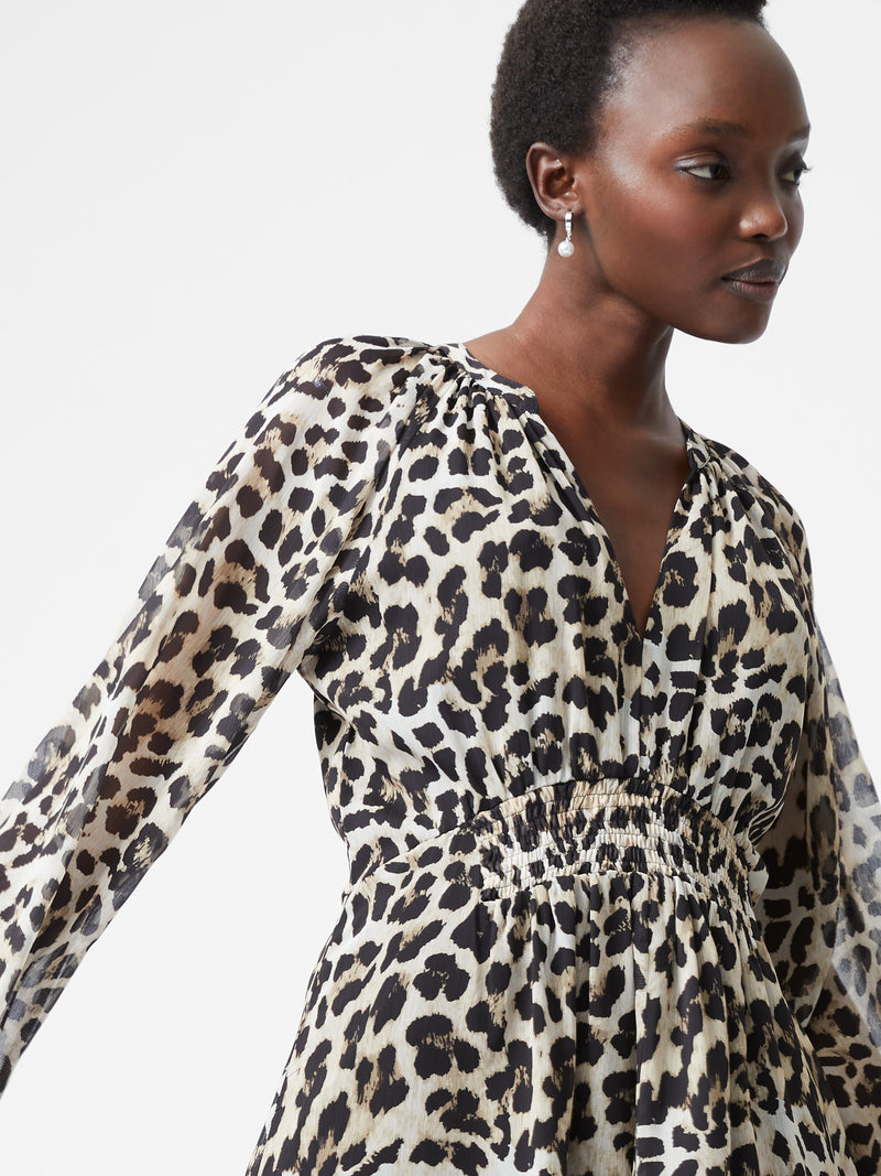 Leopard Print Georgette Long Sleeve Dress