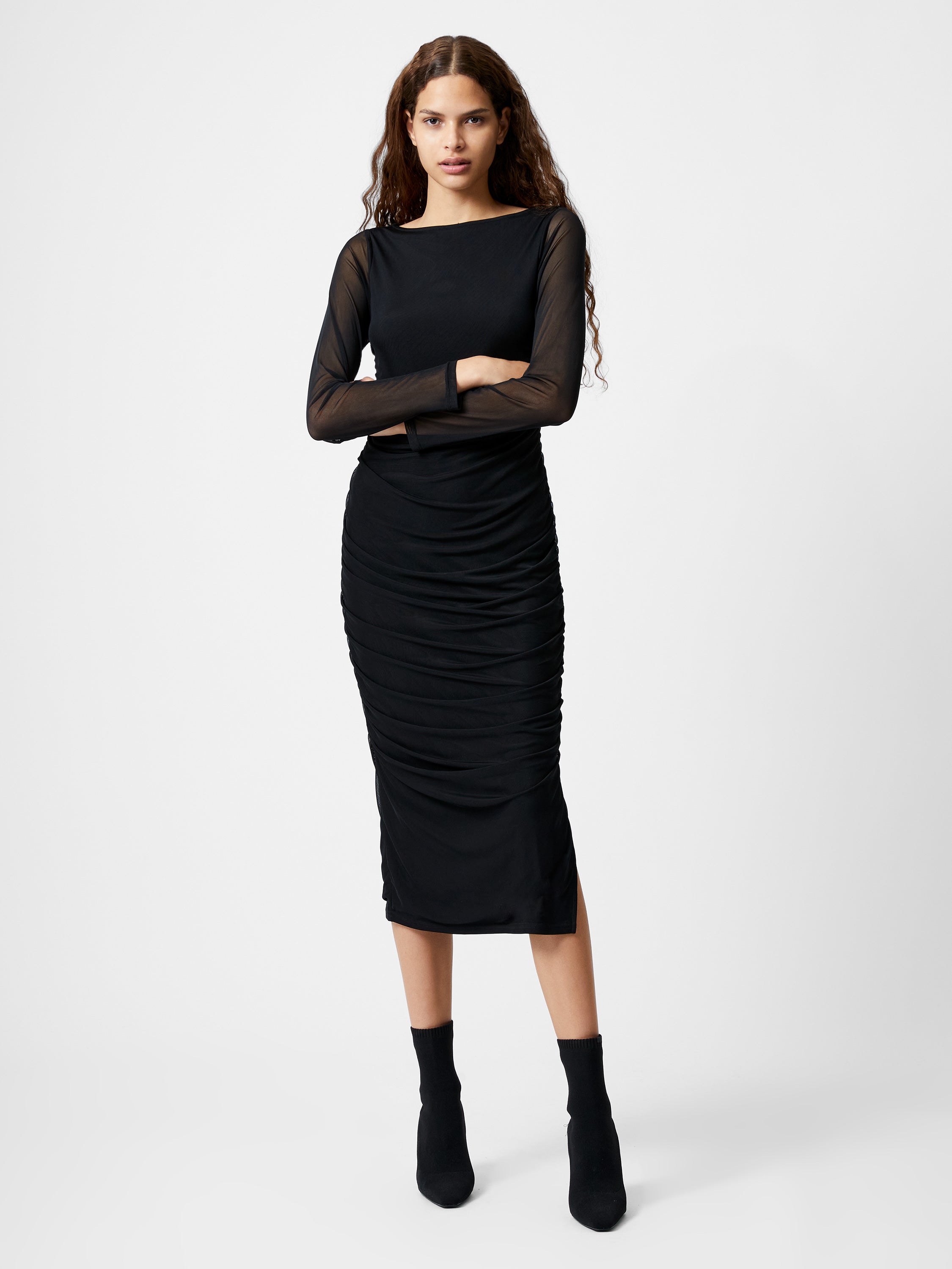 Mesh Ruched Long Sleeve Midi Dress French Connection EU