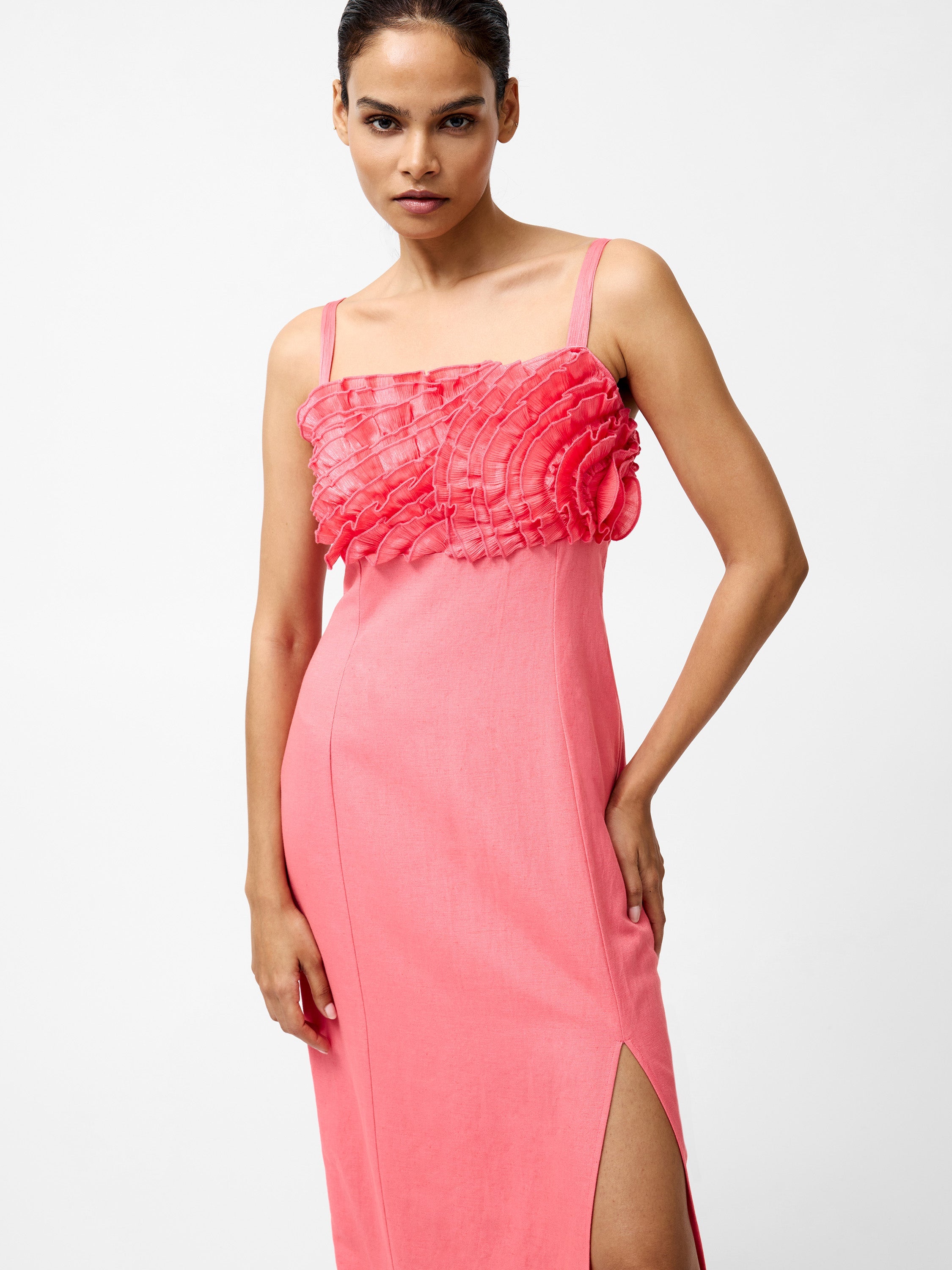 Ariette Ruffled Bust Midi Dress Raspberry Pink | French Connection EU
