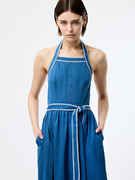 Zaves Chambray Denim Halterneck Midi Dress