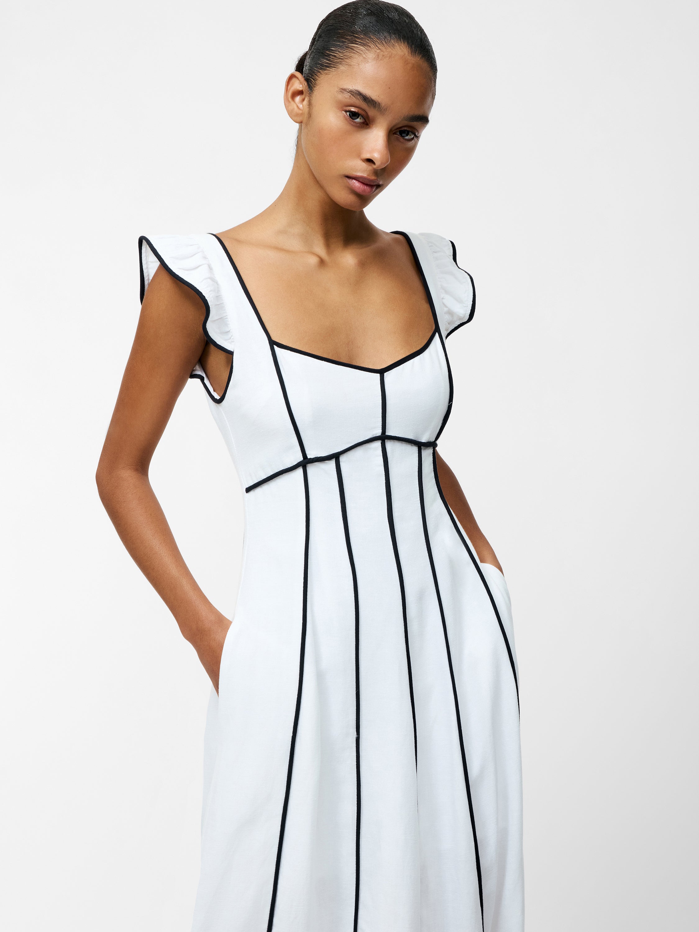 Ariette Linen Flared Dress Linen White/Black