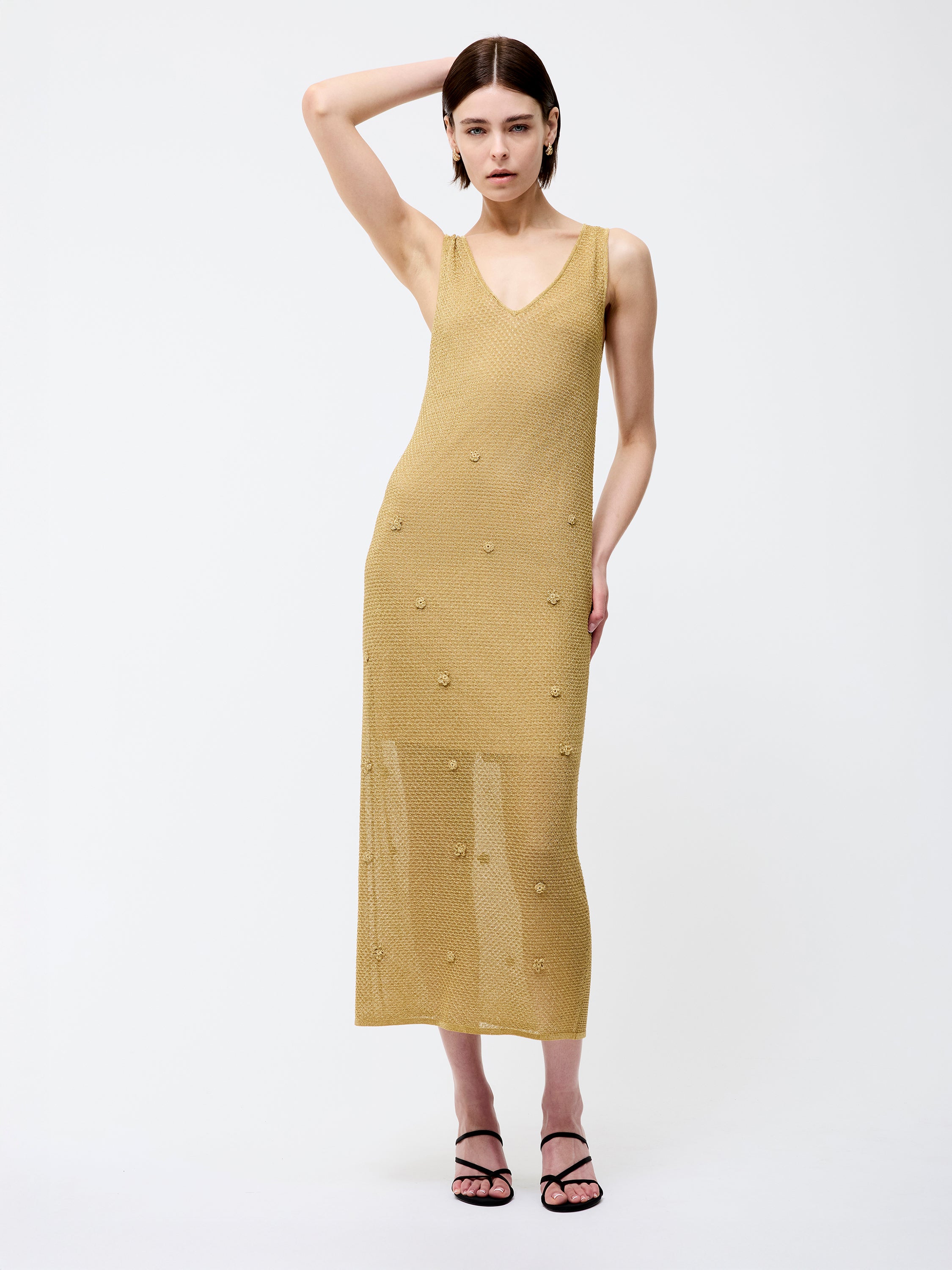 Floral Applique Metallic Midi Dress Gold