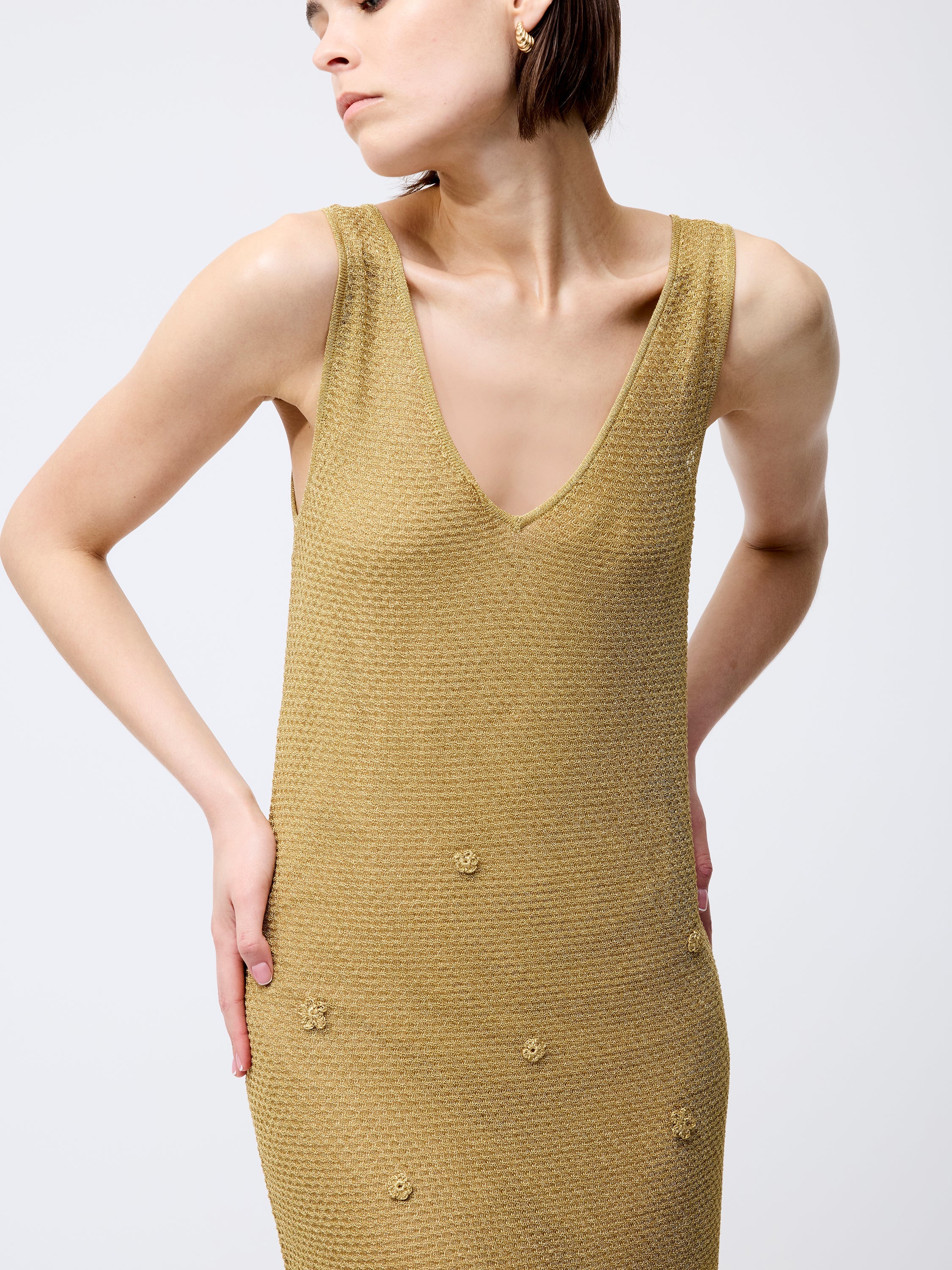 Floral Applique Metallic Midi Dress Gold