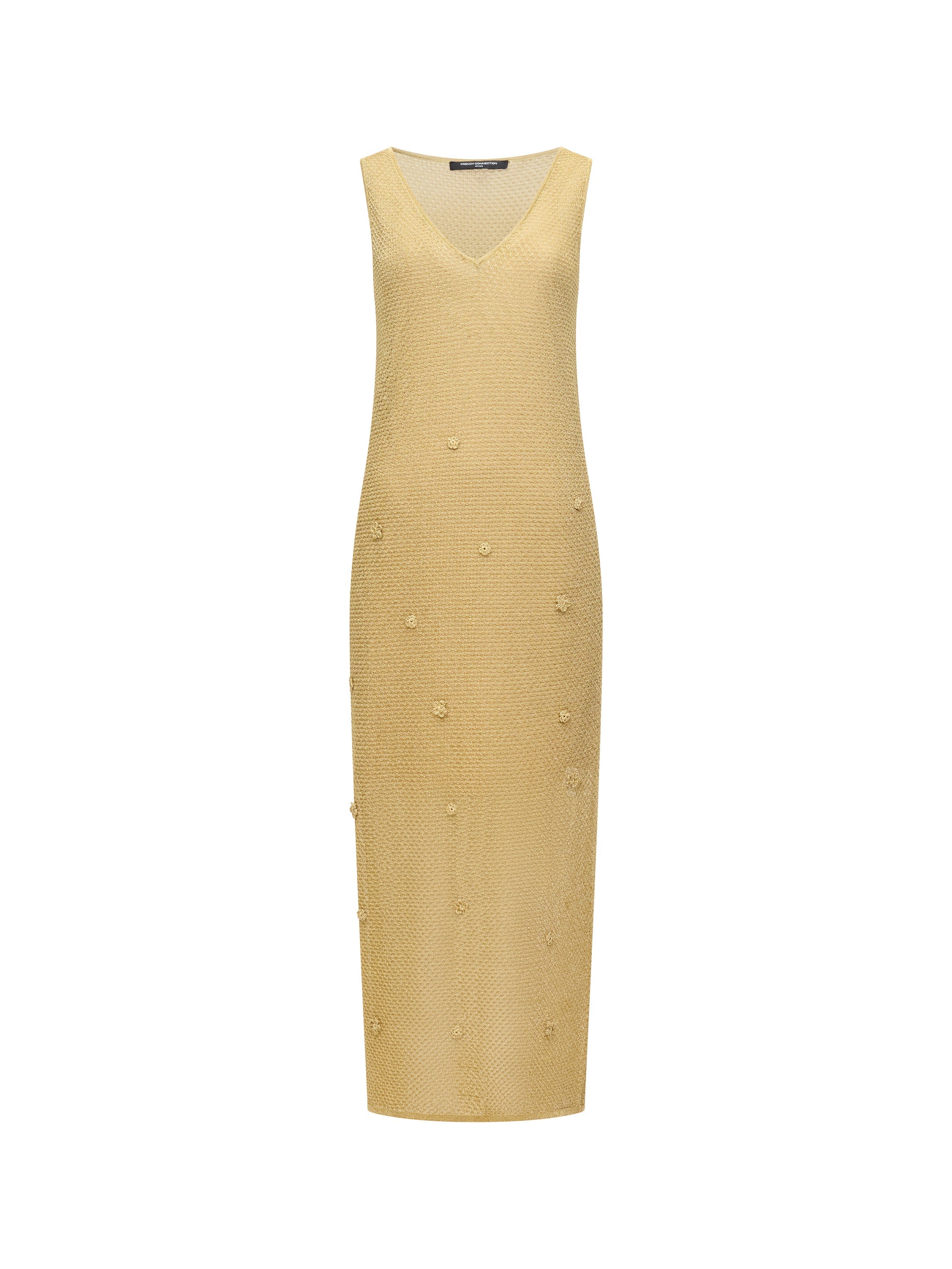 Floral Applique Metallic Midi Dress Gold