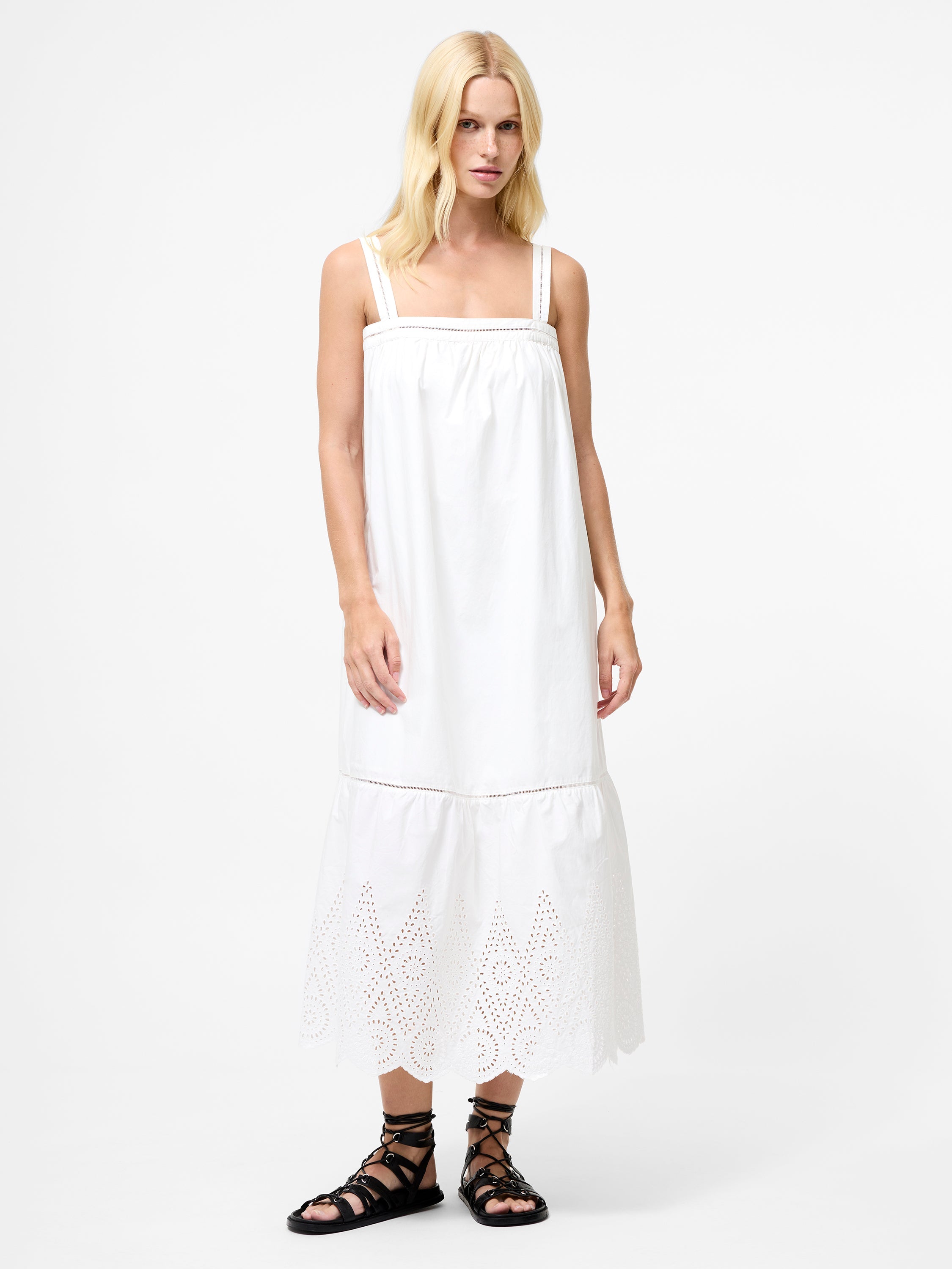 Cotton Square Neck Broderie Anglaise Midi Dress Summer White