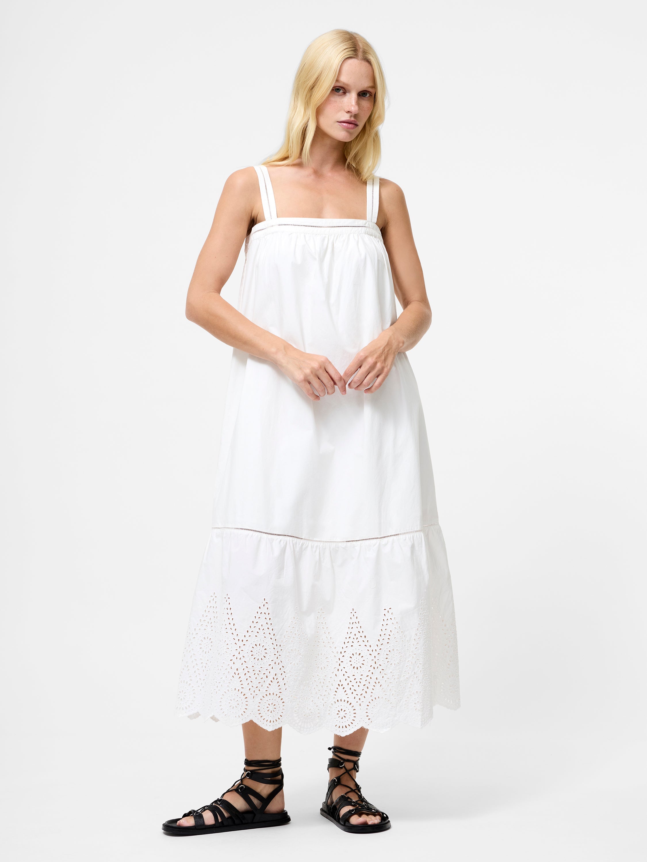 Cotton Square Neck Broderie Anglaise Midi Dress Summer White