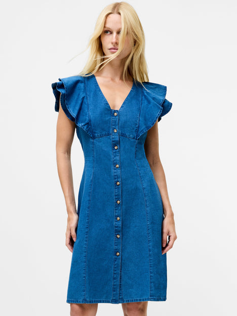 Ruffle Denim Chambray Dress