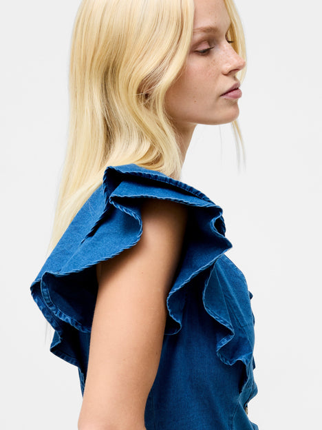 Ruffle Denim Chambray Dress