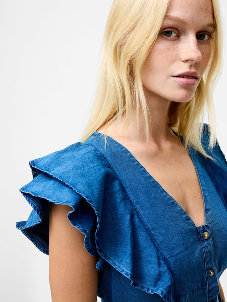 Ruffle Denim Chambray Dress