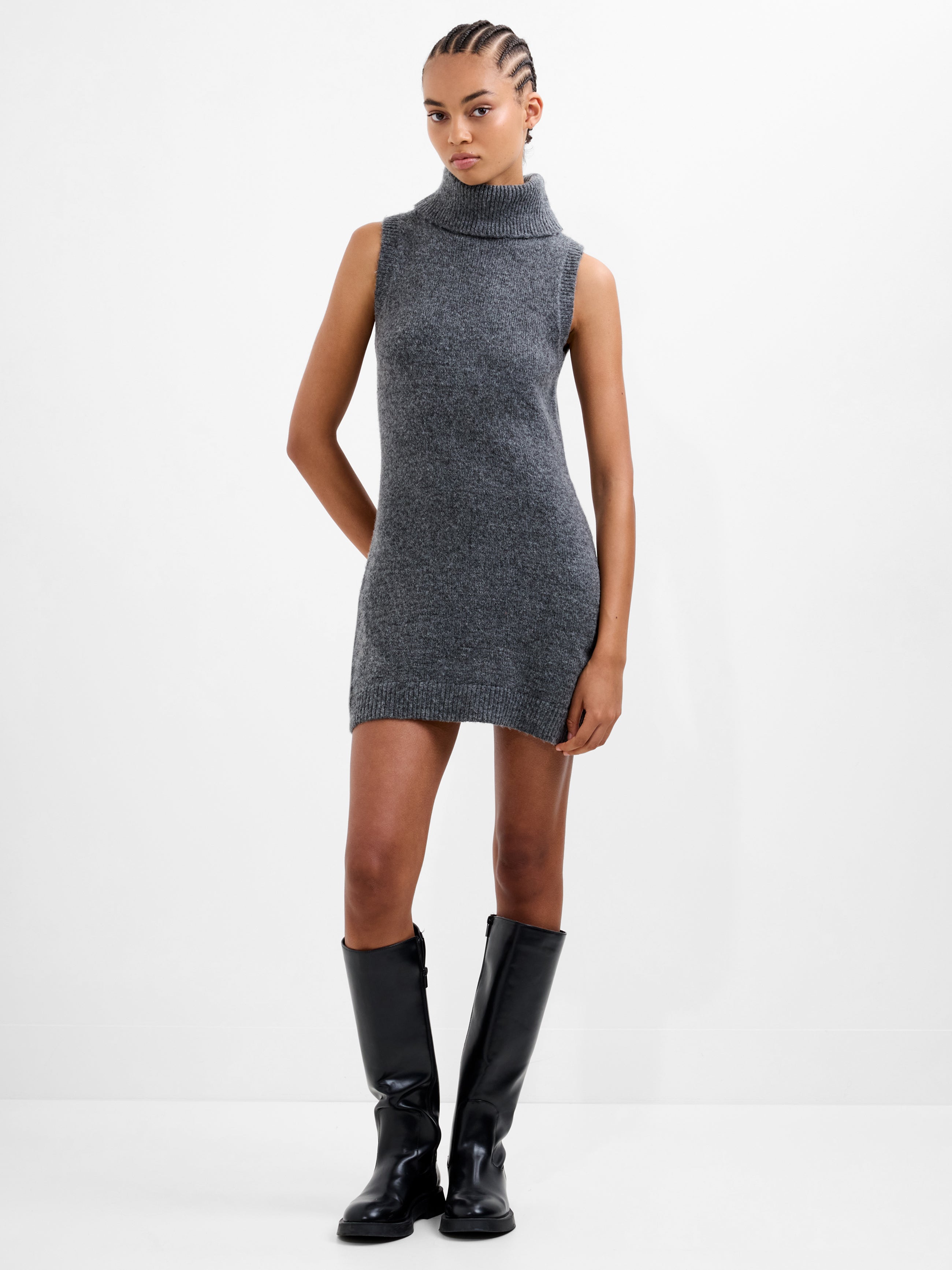 grey high neck mini dress Vhari Recycled Knit Sleeveless Turtleneck Mini Dress