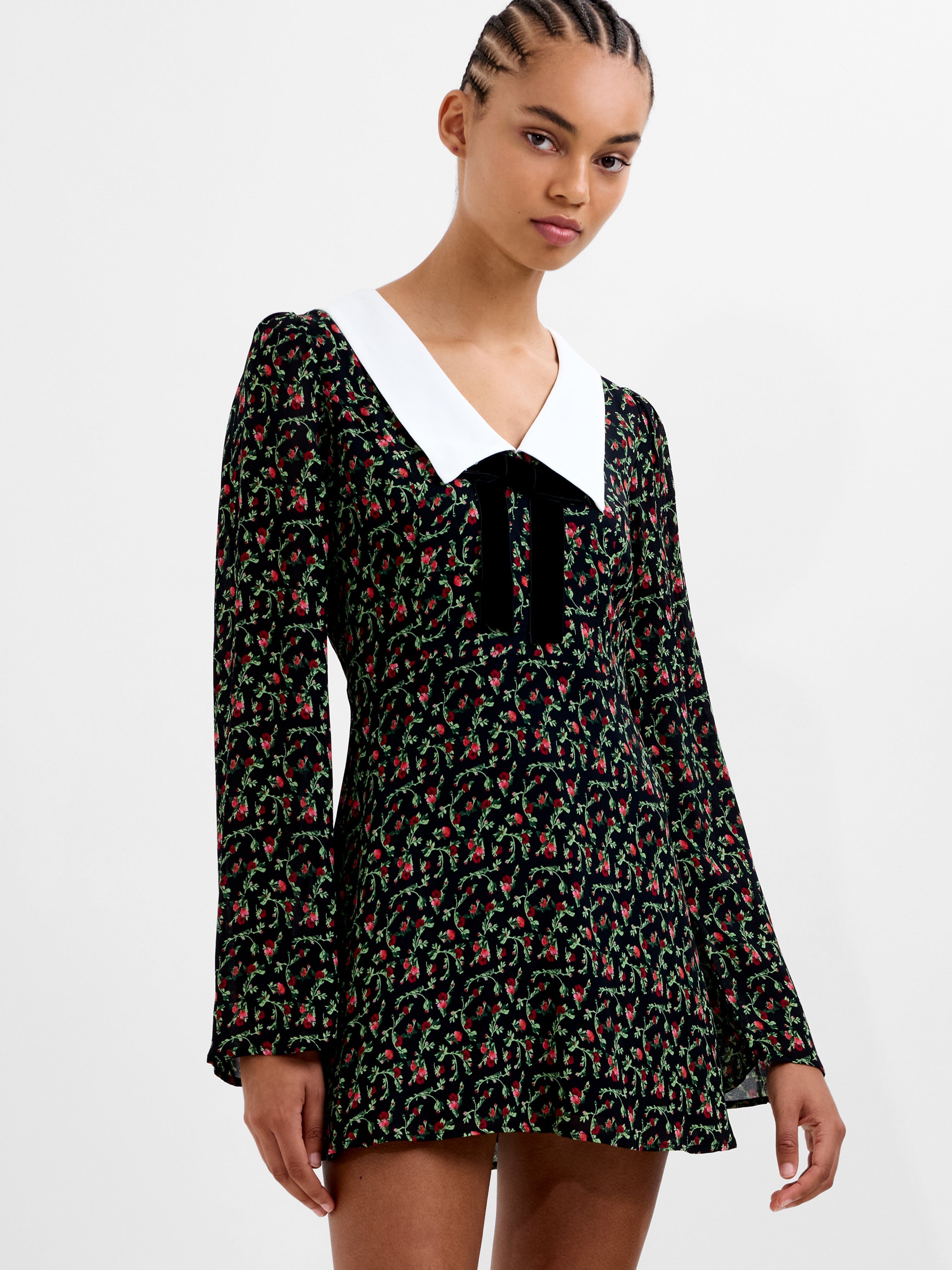 knee length dresses for ladies Yasmin Crepe Collar Long Sleeve Mini Dress Black Julia Ditsy Bloom Florals