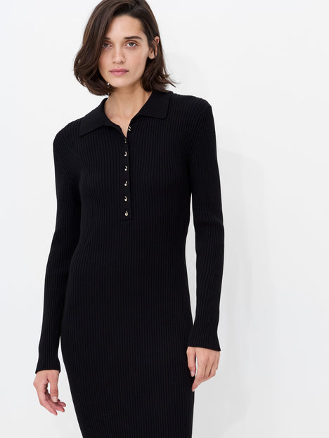 Mari Knit Long Sleeve Collared Midi Dress