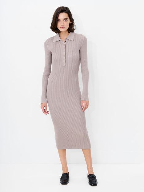 Mari Knit Long Sleeve Collared Midi Dress