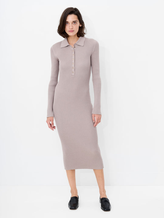 Mari Knit Long Sleeve Collared Midi Dress Black