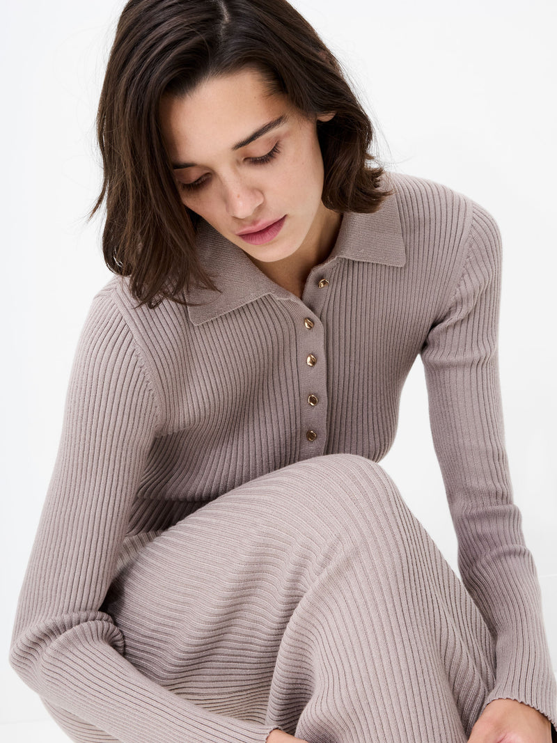 Mari Knit Long Sleeve Collared Midi Dress Black