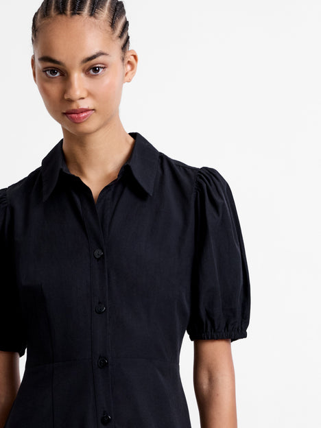 Cotton Poplin Puff Sleeve Button Up Dress
