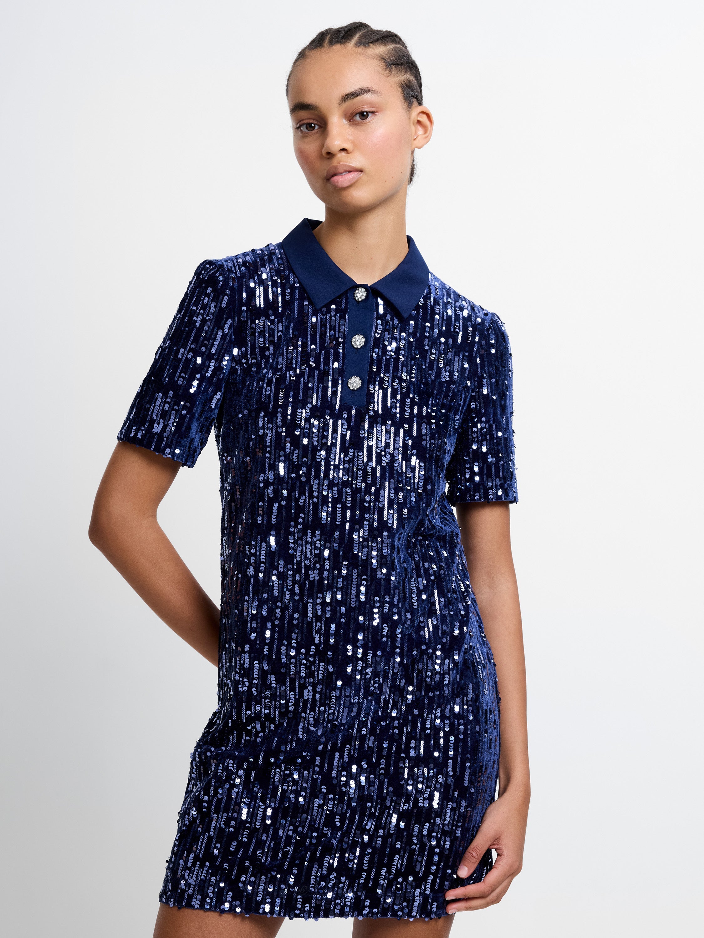 Trinny Velvet Sequin Collared Mini Dress | French Connection EU Trinny Velvet Sequin Collared Mini Dress | French Connection EU