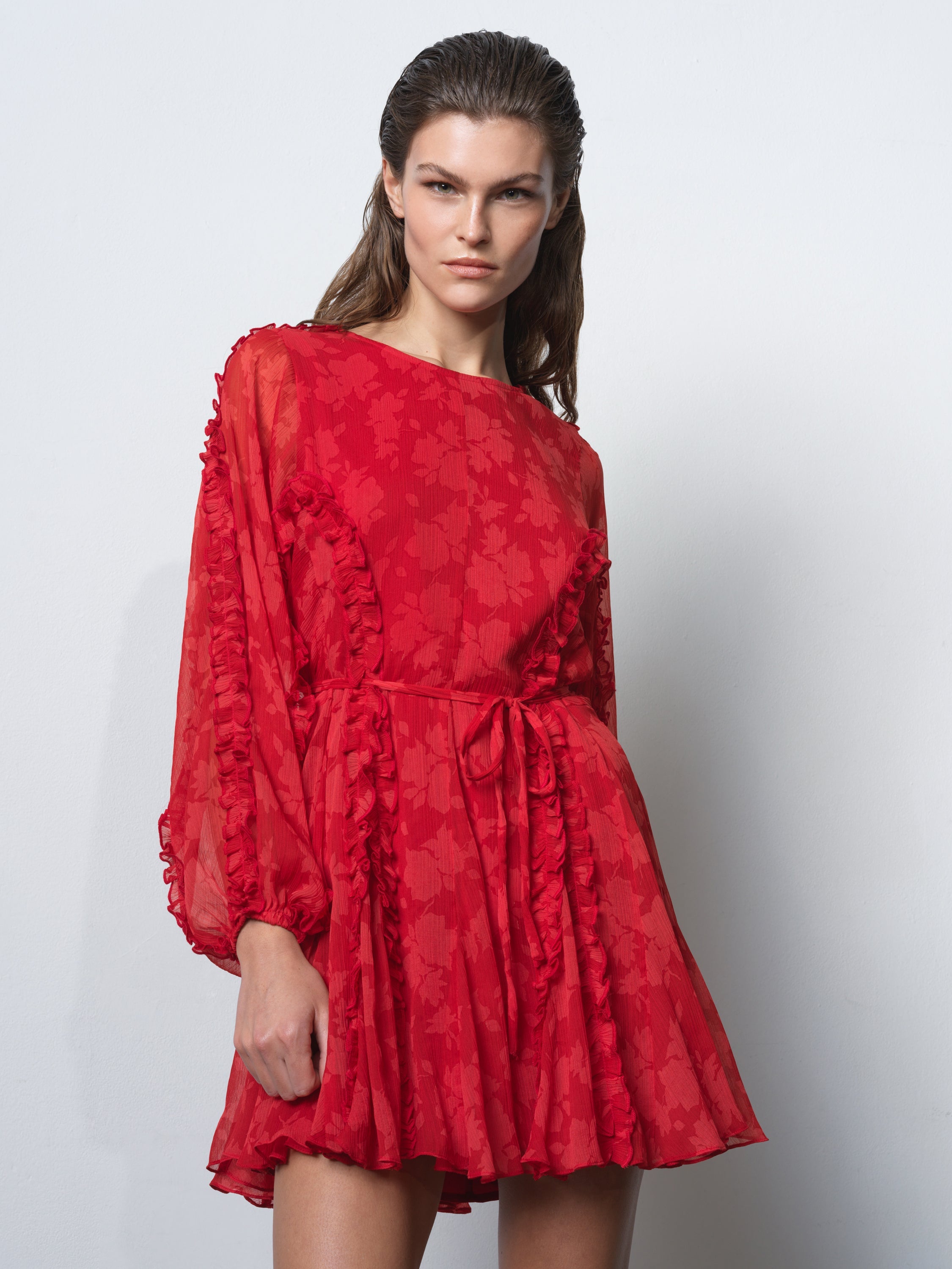 fitted lace wedding dress Kara Print Long Sleeve Flared Mini Dress