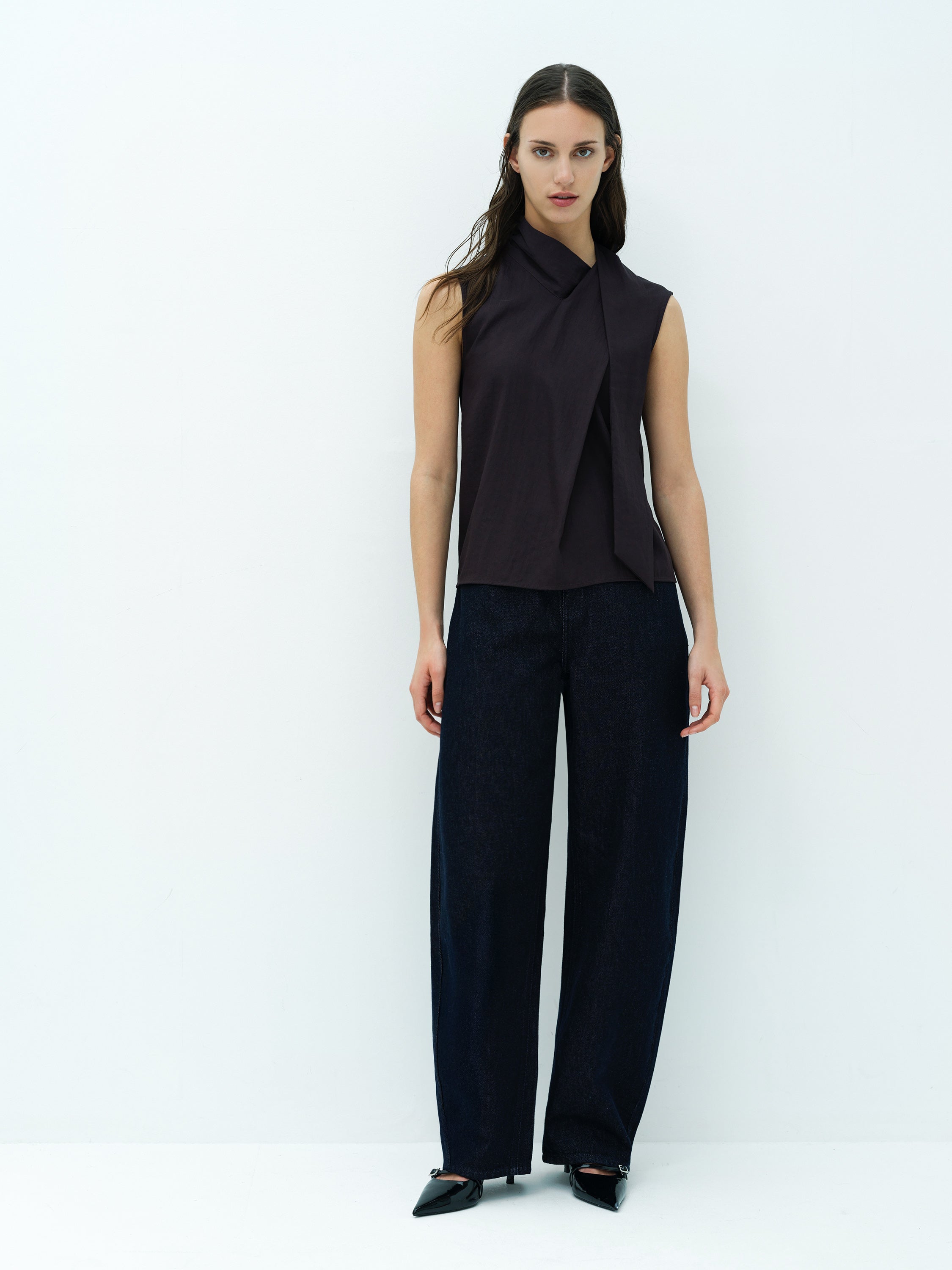 Leela Brown Sleeveless Scarf Neck Top