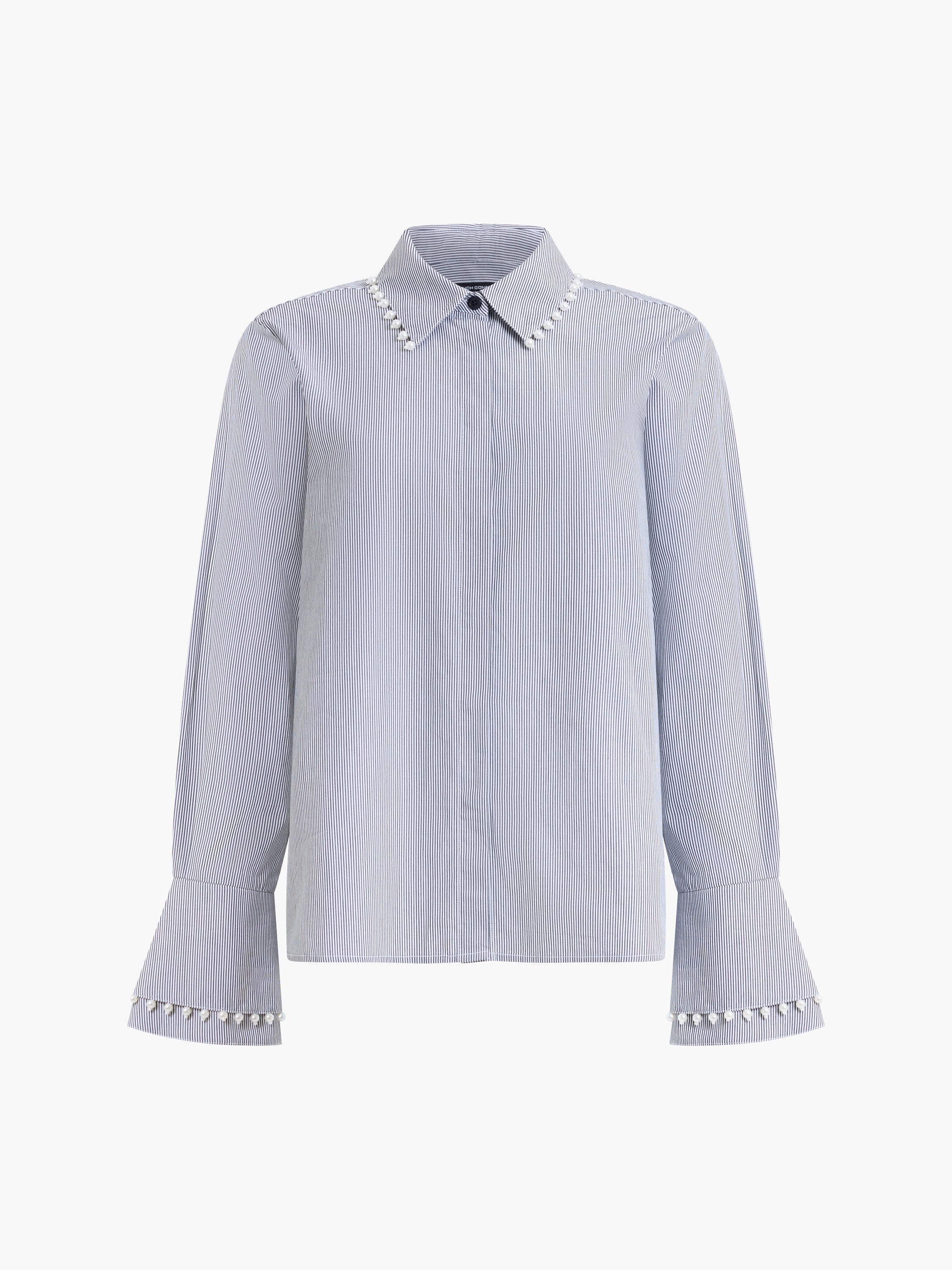 Cambria Cotton Pearl Trim Navy Stripe Shirt