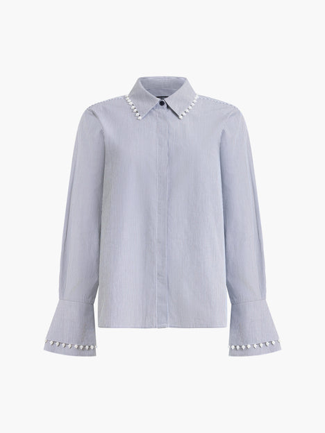 Cambria Cotton Pearl Trim Navy Stripe Shirt