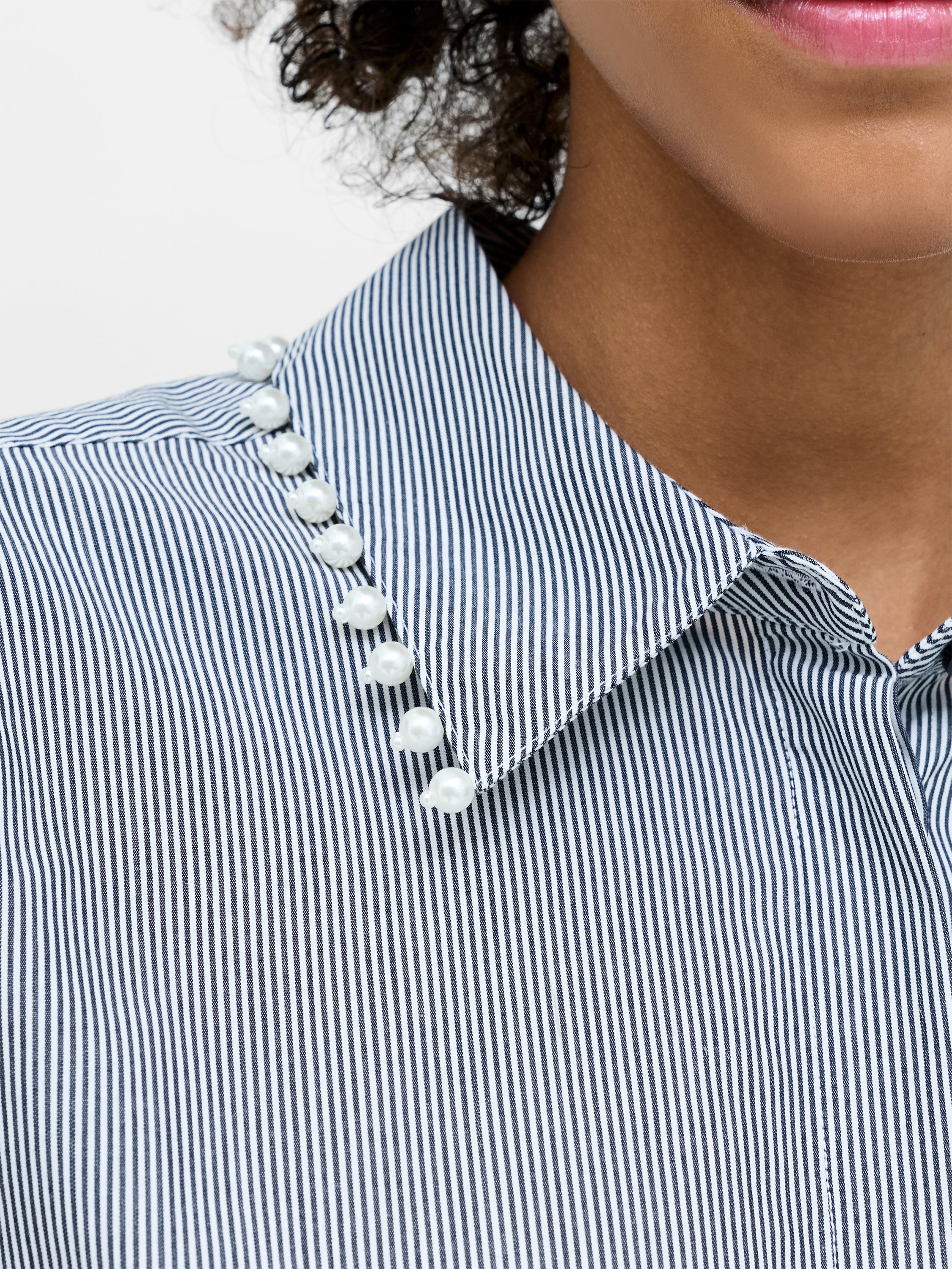 Cambria Cotton Pearl Trim Navy Stripe Shirt