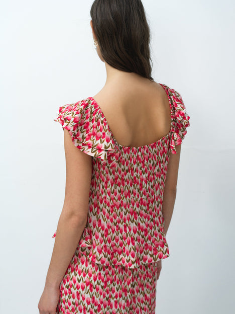 Noelle Floral Plisse Ruffle Peplum Top