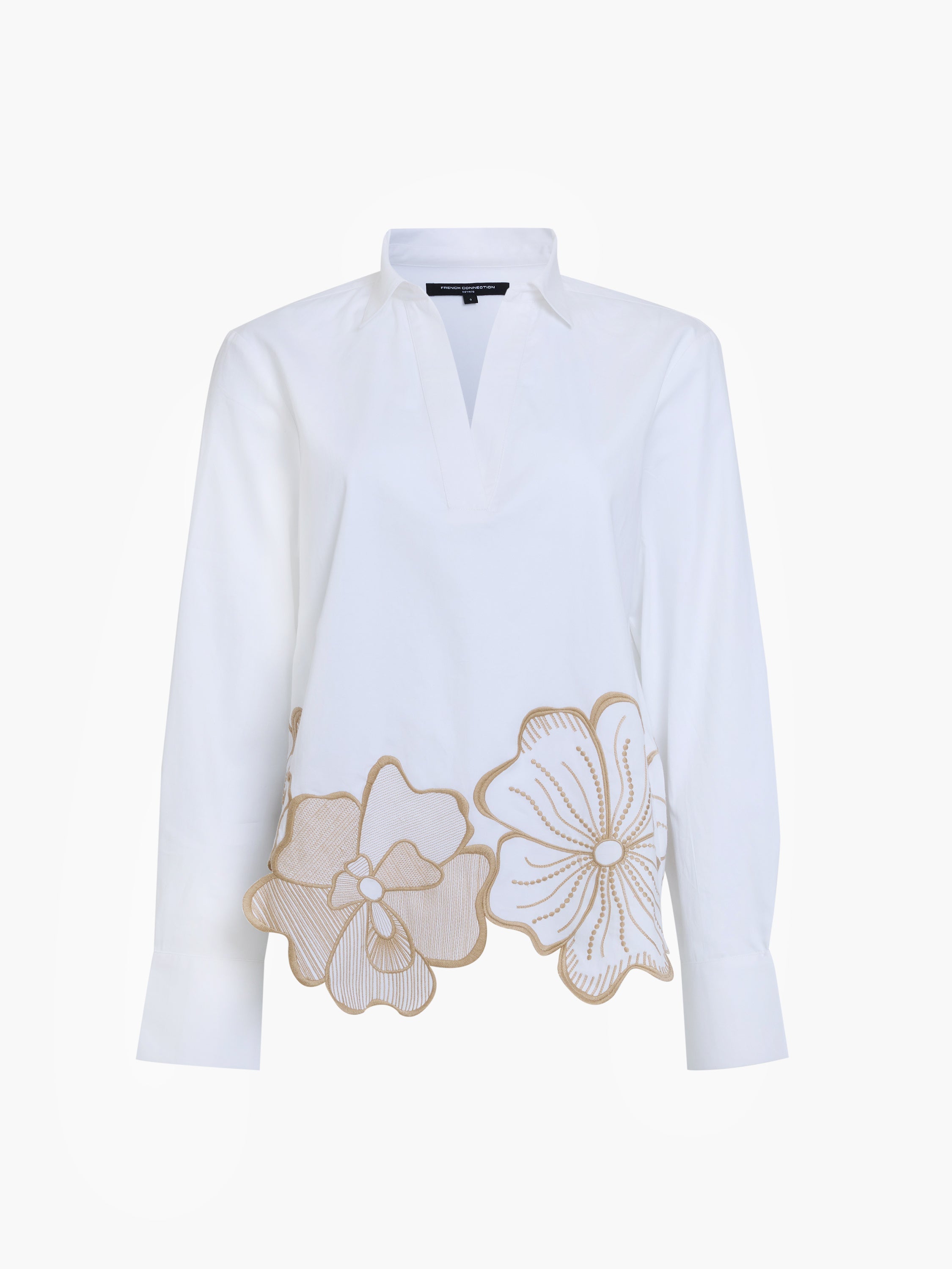 Cotton Floral Embroidered Hem White Popover Shirt