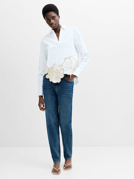 Cotton Floral Embroidered Hem White Popover Shirt