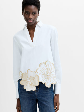 Cotton Floral Embroidered Hem White Popover Shirt