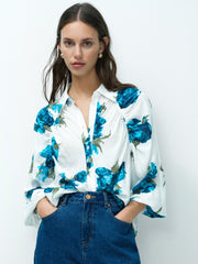 Lara Blue Floral Print Crinkle Raglan Sleeve Blouse