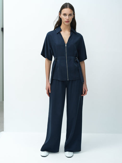 Yassie Utility Zip Front Tie Waist Navy Blue Shirt