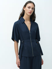 Yassie Utility Zip Front Tie Waist Navy Blue Shirt