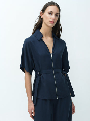 Yassie Utility Zip Front Tie Waist Navy Blue Shirt