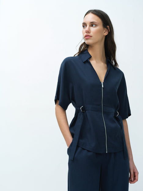 Yassie Utility Zip Front Tie Waist Navy Blue Shirt